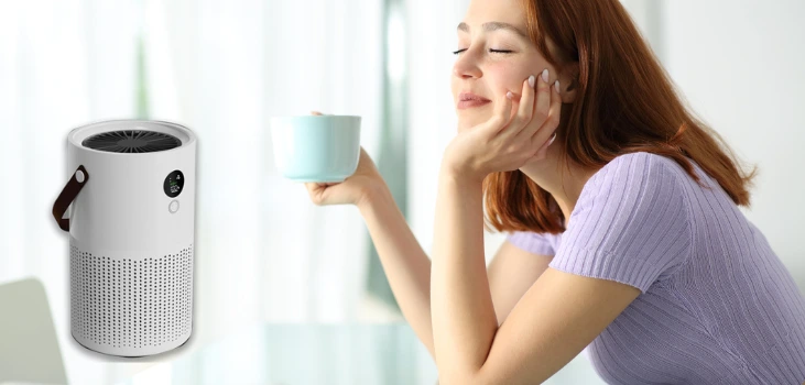 lady holding cup breathing fresh air with Essential Air